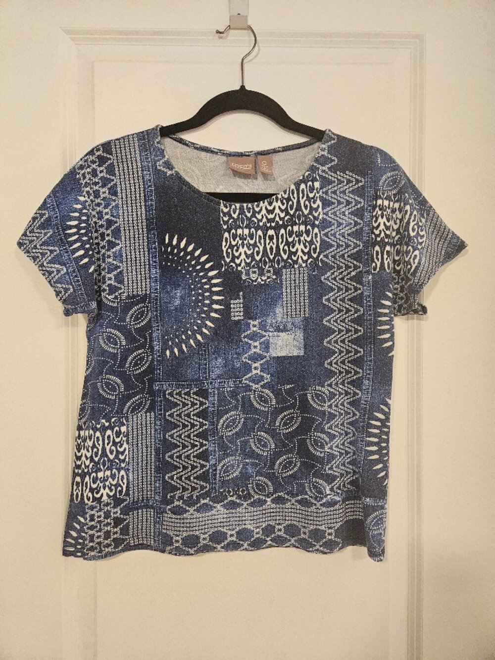 Chico's Blue Patchwork Print Top Size 0/US S Cotton Modal